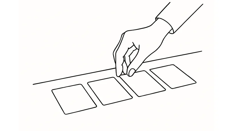 Strichzeichnung: Eine Hand ordnet Storyboard-Kärtchen auf einem Tisch an