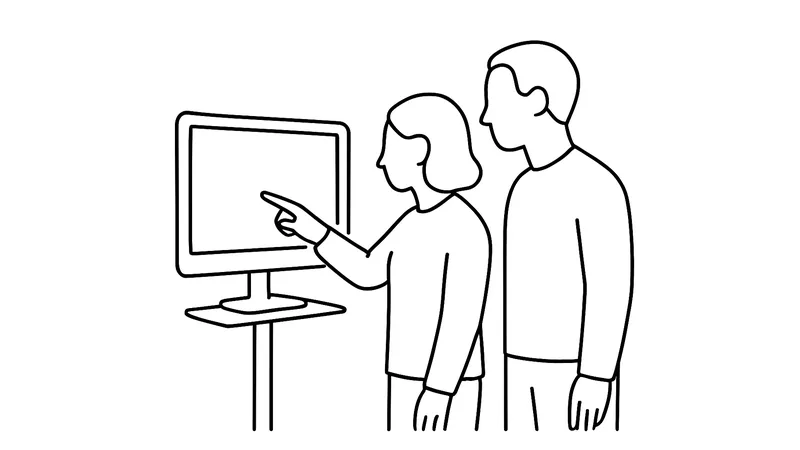 Strichzeichnung: Zwei Figuren vor einem Monitor, eine zeigt der anderen etwas