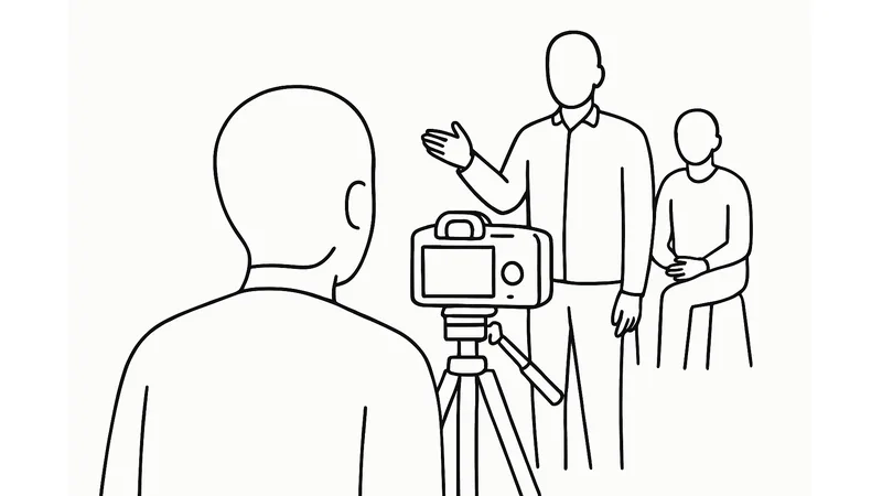 Strichzeichnung: Blick über die Kamera auf eine sprechende Figur, im Hintergrund hören zwei Personen aufmerksam zu
