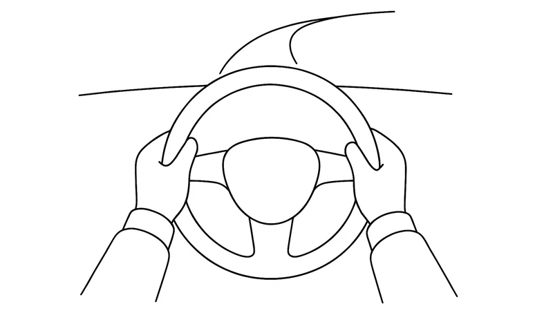 Strichzeichnung: Blick aus dem Cockpit, Hände am Lenkrad beim Anbremsen