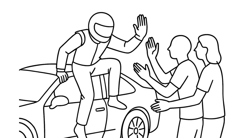 Strichzeichnung: Der Fahrer steigt aus, das Team klatscht ihn ab