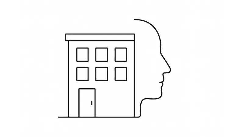Strichzeichnung: Eine Bürofassade löst sich in ein Gesicht auf